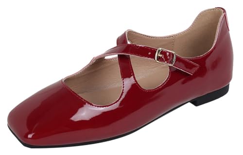 Women's Mary Jane Flats Closed Square Toe Ballet Flat Comfortable Slip on Shoes Y2K Ankle Strap Dressy Shoes for Work Trave
