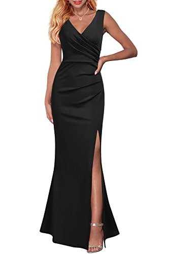 Xumplo Frauen Ärmellos V-Ausschnitt Cocktailkleid Elegant Vintage Party Hochzeit Gast Formell Maxi Lang Schwarz Kleider, Schwarz , 36-38 Cover