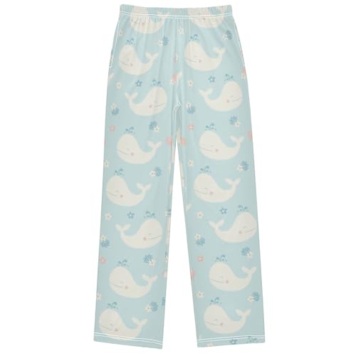Boy's Pj Pants Whale Seashells Flowers Light Blue Lounge Bottoms Elastic Waist Kids Joggers with Pockets Size 6-14
