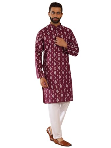 Image of KRAFT INDIA Men's Cotton Blend Geometric Printed Straight Long Regular Kurta and Elastic Waistband Pyjama Set