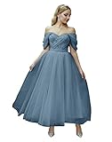 Tulle Tea Length Prom Dresses for Women Off The Shoulder Ball Gowns Teens Sweetheart Beaded Puffy Princess Dress Dusty Blue US14