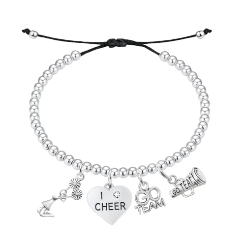 Sportybella Silver Stainless Steel Cheerleading Charm Bracelet – Adjustable Chain with I Cheer, Cheerleader, Pom-Poms & Megaphone Charms – Gift for Cheerleaders & Cheer Teams