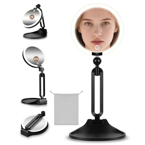30X/1X Makeup Magnifying Mirror with Lights, 6inch Double-Sided 1X/30X Makeup Magnified Mirror Desktop LED 30X Magnification 3 Color Dimmable Light, Rechargeable Battery, 360° Rotation Folding Bracket