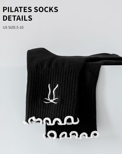 Image of Yawlsow Cute Pilates Grip Socks for Women Ruffle Frilly Yoga Socks Non Slip Cotton Crew Grippy Sock for Barre Workout