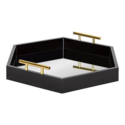 Image of Kate and Laurel Lipton Modern Hexagon Mirrored Tray; 18 x 18; Black and Gold; Midcentury Decorative Serving Tray for Storage and Display