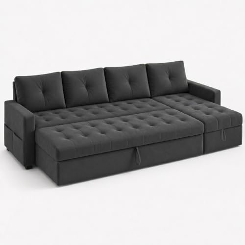 Image of FURNY Virsa 6 Person Seating RHS L Shape Sofawith Pull Out Bed & Storage Lounger | Premium Soft Velvet Suede Fabric | Comfort Cushions | Ideal for Living Room, Hotel & Office (Dark Grey)