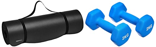 Image of AmazonBasics 13mm Extra Thick Yoga Mat with Carrying Strap, Black & Neoprene Dumbbell Pair, 2 x 2Kg