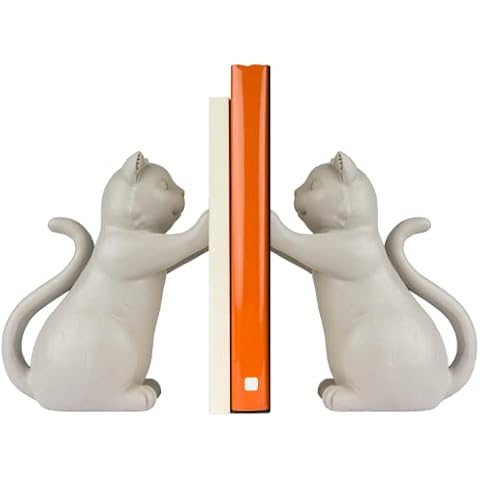 Joyvano Cat Bookends for Shelves - Decorative Cat Book Ends w/ Non-Slip Base to Hold Books - Book Holders for Home, Office, Kitchen or Kids Rooms - Grey Cat Decor Cover