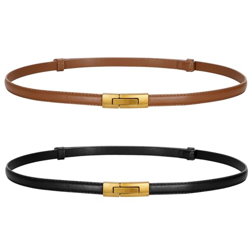 LEACOOLKEY Women Skinny Leather Belts Ladies Thin Waist Belts with Alloy Buckle for Dresses