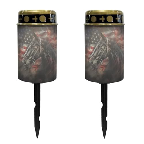 Image of American Flag Horse LED Solar Lights for Patriotic Landscape Waterproof Solar Light 4th of July Solar Power Light Flameless Candle for Cemetery Grave Memorial Decor 2 Pcs