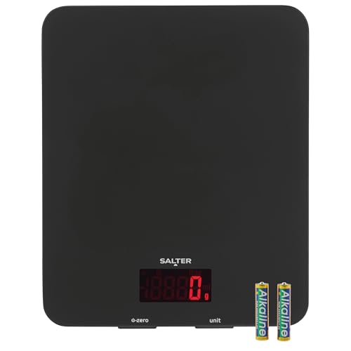 Salter 1150 BKDR Digital Kitchen Scales, Stylish Glass Design, Cooking Scale for Home/Kitchen, Measures Liquids & Fluids, Metric/Imperial, Add & Weigh Function, Red Easy Read Display, Black