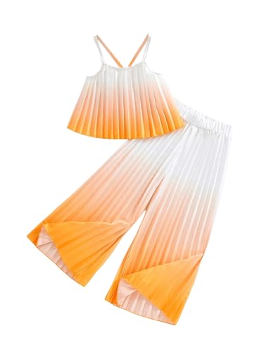 Image of RoseSeek Girl's 2 Piece Boho Cute Outfits Pleated Spaghetti Strap Camisoles Elastic Waist Wide Leg Pants Sets