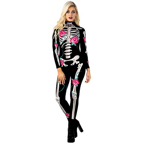 Morph Skelett Kostüm Damen, Skelett Bodysuit, Halloween Kostüm Damen, Karneval Kostum Frauen, Fasching, M