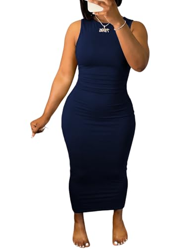 Image of Ulovmi Women's Maxi Bodycon Summer Dress Long Formal Ruched Sundress Elegant Casual Tank Sleeveless Dress Party Cocktail