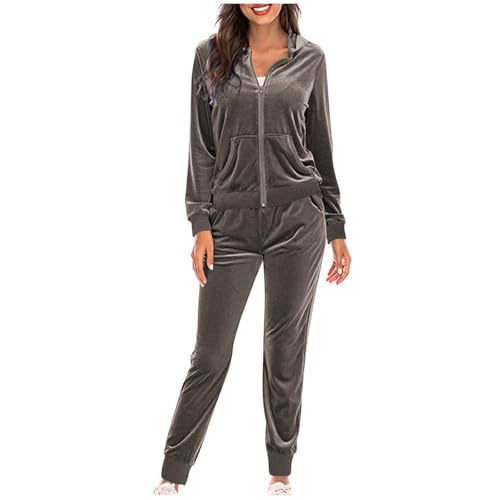Ensemble 2 pièces en velours pour femme, vêtements de détente, sweat à capuche et pantalon de jogging, survêtement, pull, pantalon, gris, M