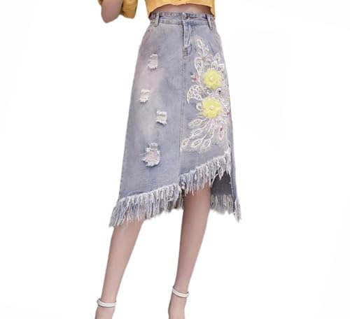 Women's Fringe Embroidery Midi High Waist Jeans Skirts Solid A Line Hole Denim Skirt