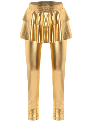 Kids Girls Metallic Tutu Leggings with Ruffle Skirt Sparkly Shiny Stretchy Skirted Pants Dance Pantskirt4