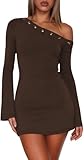 Sukiglam Vestidos de Fiesta Mujer Elegantes Minivestido Manga Larga Acampanada con Un Hombro Asimétrico Casual Vestido Ajustado Otoño Invierno Sexy Vestidos Corto para Noche Salir Cóctel Clubwear