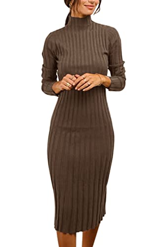 Image of MEROKEETY Women's Ribbed Long Sleeve Sweater Dress High Neck Slim Fit Knitted Midi Dress