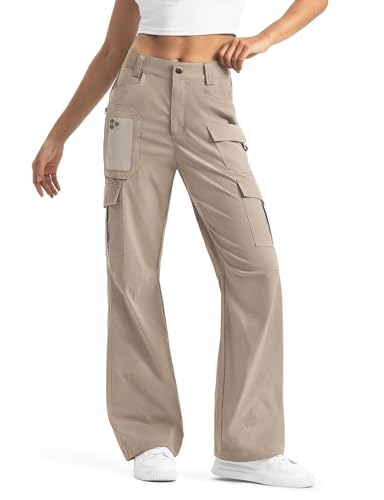 Moosehill Women's-Cargo-Hiking-Pants-High-Waisted Wide Leg Water Resistance Lightweight Stretch for Work Casual Outdoor (Khaki, 8, 30')
