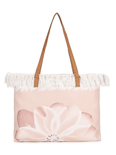 Image of GRECIILOOKS Eco Canvas Boho Tote Bag for Women, Spacious Jute Handbag with Faux Leather Straps, Frayed Edge & Floral Print, Lightweight Shoulder Bag for Beach Travel Shopping Work