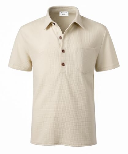 Harbrosrce Polo Gaufre Coton Piqué T-Shirt Golf Tennis Polo à Manches Courtes avec Poche D'été