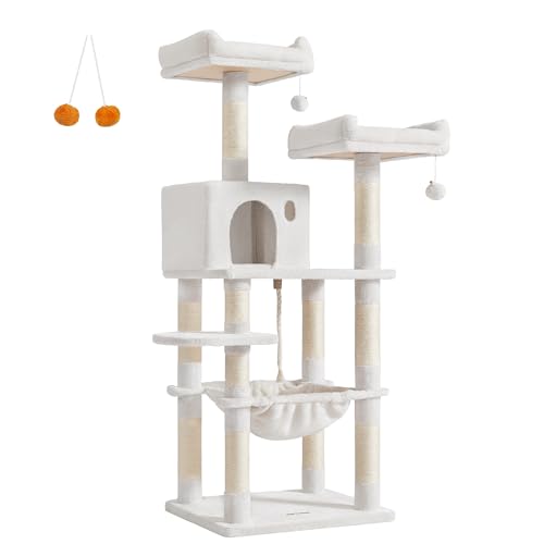 Image of Feandrea Cat Tree, 56.3-Inch Cat Tower for Indoor Cats, Multi-Level Cat Condo with 11 Scratching Posts, 2 Perches, Cave, Hammock, Cream White UPCT015W02
