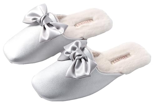 Luxurious Bow Knot Mules for Women High Class Closed-Toe Leather Slippers Elegant House Shoes Indoor Outdoor