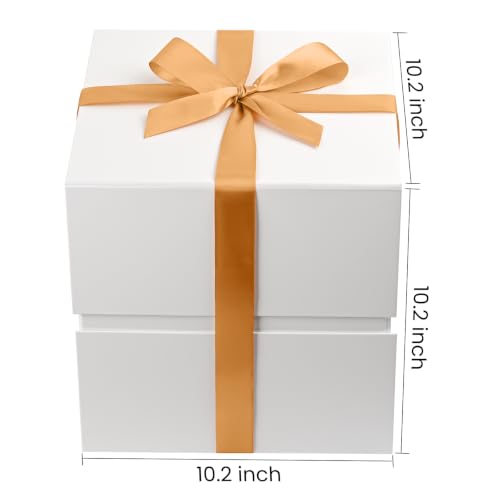 Image of LIFELUM Square Gift Box with Magnetic Lid, Card, Sticker, Ribbon, Shredded Paper Filler for Business, Wedding, Birthdays (White, square - 10.2 inch, 1 count (Pack of 1))
