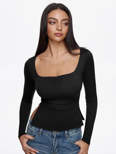 REORIA Long Sleeve Shirts for Women Square Neck Going Out Side Slit Tshirts 2025 Cute Y2k Tees Fall Trendy Tops2