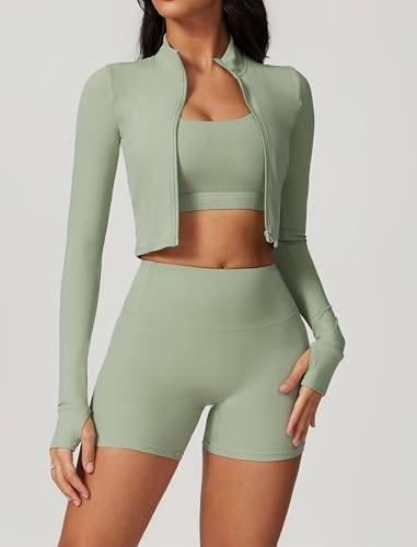 Workout Outfits for Women 3 Piece Long Sleeve Zip Up Cropped Jacket, Sports Bra and Tummy Control shorts2