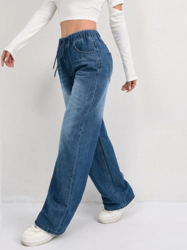 Women's Wide-Leg Stretchy High-Waisted Flared Denim Pants with Elastic Waist3