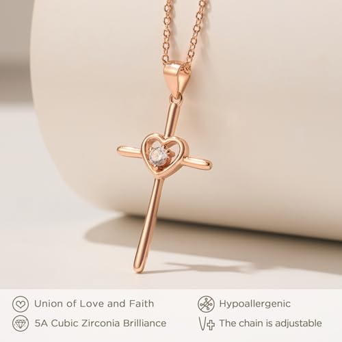 NORBU S925 Cross Necklace Gifts for Women, Heart Cross Necklaces with 5A CZ Diamond, Womens' Religious Christian Jewelry Gift for Birthday Baptism Christmas3