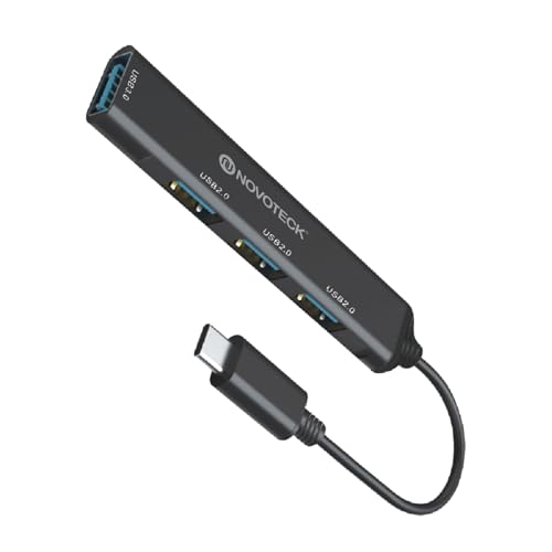 NOVOTECK Hub USB C 4 Puertos (USB 3.0 + 3 USB 2.0) 10Gbps, Adaptador OTG con Cable Silicona y Diseño Metálico, MultiPuertos Compatible con MacBook Pro/Air, iMac, Surface, PC Portátil, Disco Duro, PS