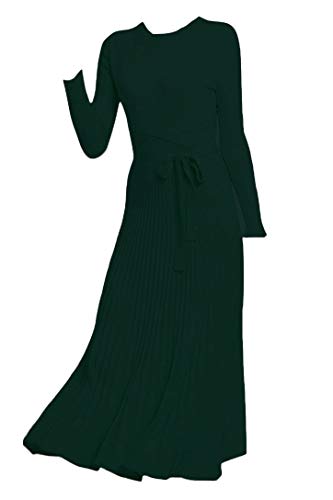 Image of Women's Long Knit Crewneck Sweater Dress Tie Waist A-Line Swing Pleated Bodycon