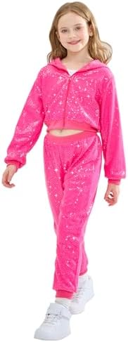 LOLANTA 2Pcs Girls Dance Costumes Cropped Sequin Jacket and Pants Set, Kids Hip Hop Dance Outfits for 80s 90s Theme Party