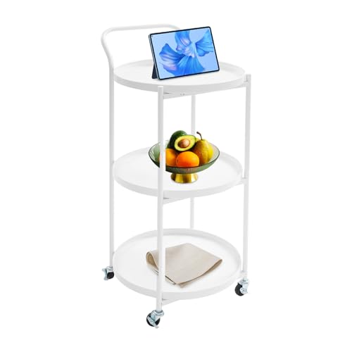 Peakora Round 3-Tier Rolling Bar Cart with Locking Wheels, Metal Serving Cart with Handle, 18' x 16' Mobile Organizer for Dining Room, Living Room, Bar (White)