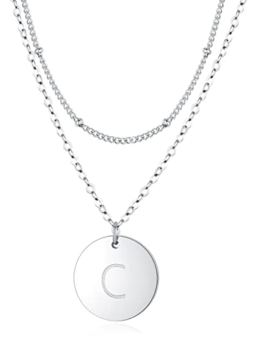 XIRUVE Longueur Réglable Femme Chaîne de Perles Collier Multicouche Pendentif Disque Rond Initiale Lettre A-Z en Acier Inoxydable Cover