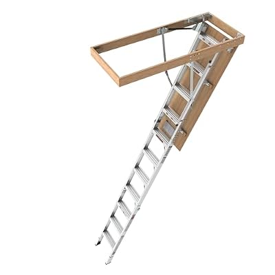 10FT Aluminum Attic Ladder Pull Down System?Retractable Loft Stairs, Folding Pull-Down Design, Foldable Loft Ladder for 22 1/2" x 54" Rough Opening, for 7.6-10.25 ft Ceilings, 350 lb Load Capacity