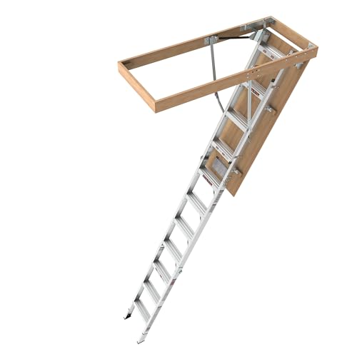 10FT Aluminum Attic Ladder Pull Down System，Retractable Loft Stairs, Folding Pull-Down Design, Foldable Loft Ladder for 22 1/2' x 54' Rough Opening, for 7.6-10.25 ft Ceilings, 350 lb Load Capacity