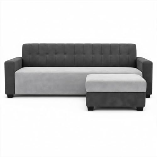 Image of FURNY Luxe 4 Seater L Shape Sofa Set with Movable Ottoman | Flexible Left or Right Layout | Plush Velvet Fabric (Dark Grey-Light Grey) | Perfect for Living Room, Guest Room & Office