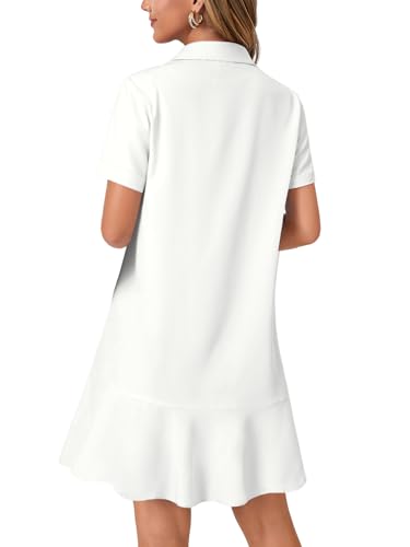 Image of OPOIPIN Women's Collared V Neck Stripe Short Sleeve Button UP Ruffle Hem Shirt Tunic Mini Dress