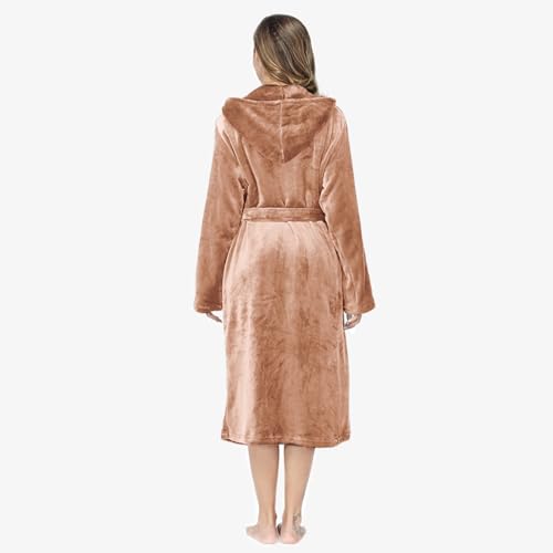 Image of RONGTAI Womens Robes Plush Fleece Hooded Bathrobe Thick Nightgown with Pockets Fluffy Sleepwear