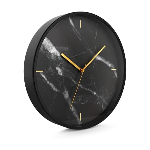 Driini Decorative Marble Analog Wall Clock - Black Aluminum Frame with Gold Hands (12”) - Battery Operated with Silent Movement - Modern Décor for Office, Living Room, Kitchen or Bathroom Cover