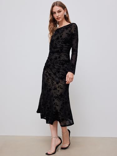 CIDER Maxi Women's Dresses Floral Lace Ruched Long Sleeve Boat Neck Party Evening Maxi Dress2