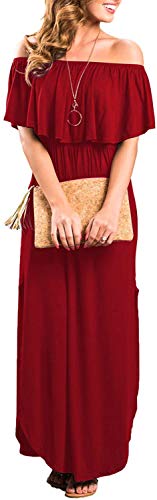 Image of Sarin Mathews Womens Off The Shoulder Ruffle Party Dress Casual Side Split Beach Long Maxi Dresses with Pockets