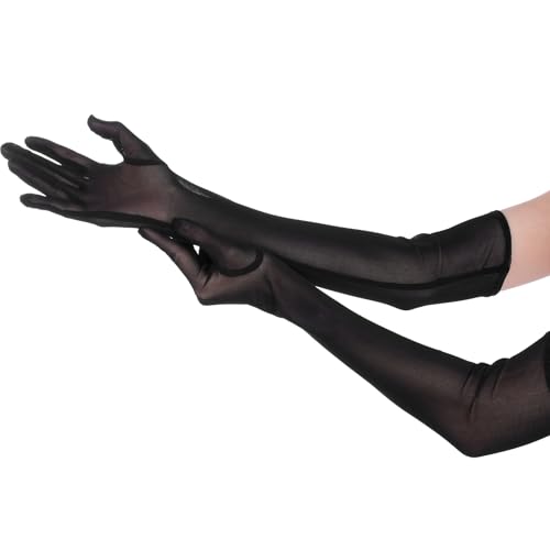 Gjinxi Gants longs transparents pour femmes en tulle maille noir d'opéra, gants formels extensibles en tulle accessoires années 1920 costume de Noël fête...