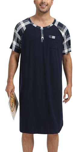 Enjoyoself Camisón Hombre Dormir Camisetas de Pijama Algodón Larga Suave Transpirable Camisa de Noche de Manga Corta Camison Hospital Ropa de Dormir para Descansar Azul Marino+Cuadros XXL