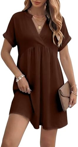KISSMODA Womens Casual Dress Plunge V Neck Short Sleeve Pullover Flowy Empire Waist Shirt Dresses Summer Fashion Elegant Pleated Front Vacation Beach Tunic Dress