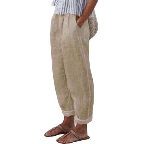 TIAFORD Women's Cotton Linen Floral Printed Pants Casual Elastic Waist Crop Trousers with Pockets